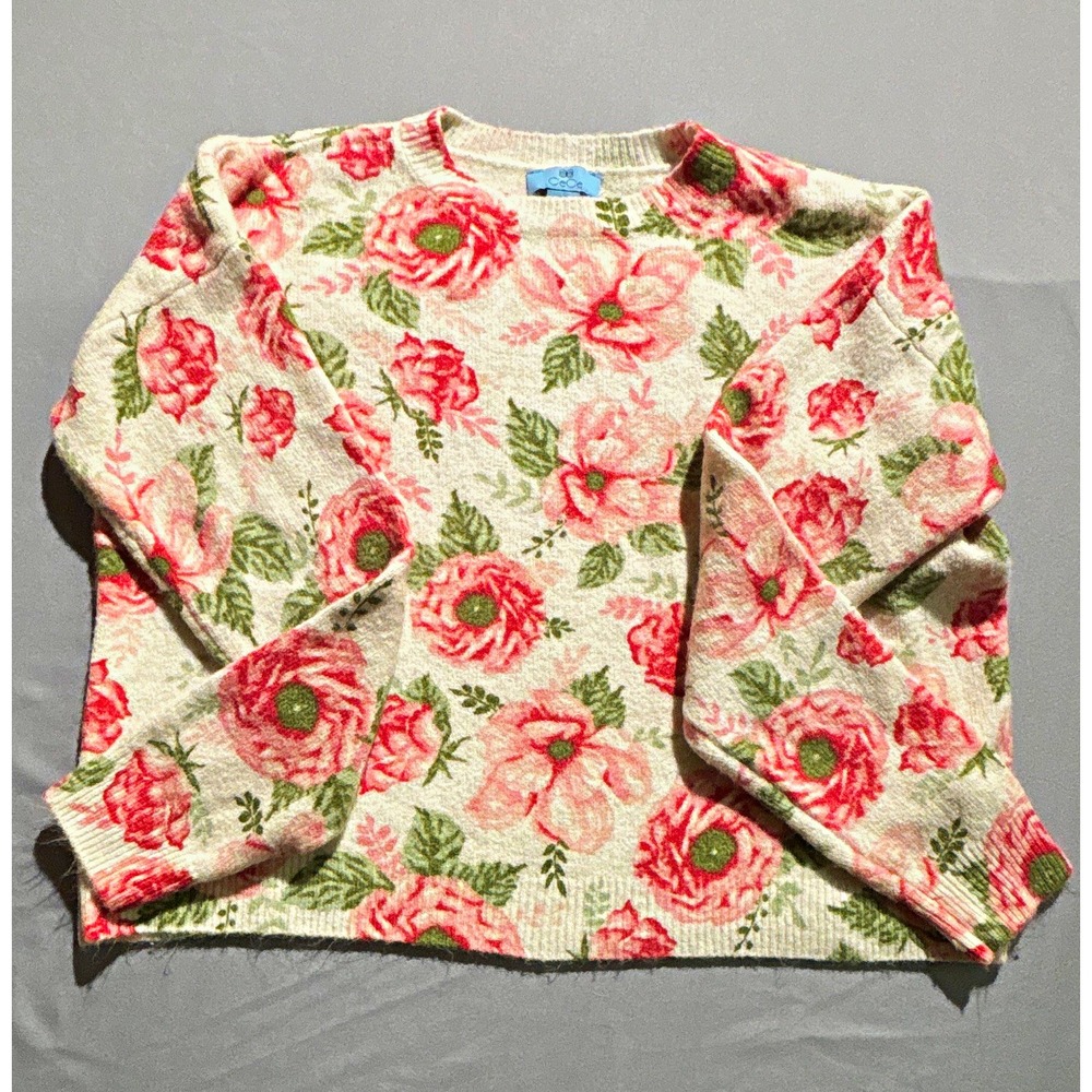 CeCe Womens Pink Floral Rose Print Crewneck Sweater Cream Size Medium